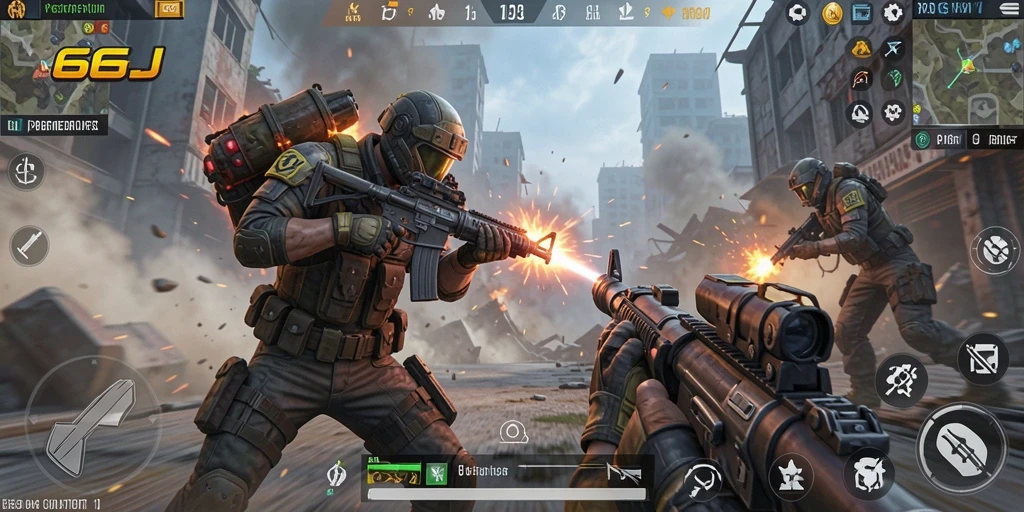 Tampilan gameplay 666J dengan aksi tembak-menembak yang intens.