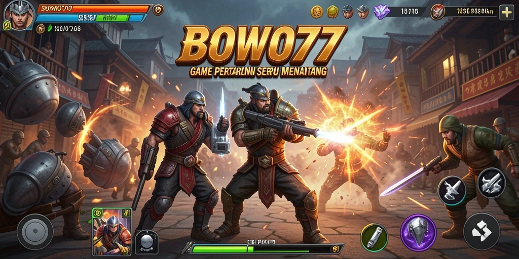 Tampilan seru gameplay BOWO77 dengan karakter bertarung.