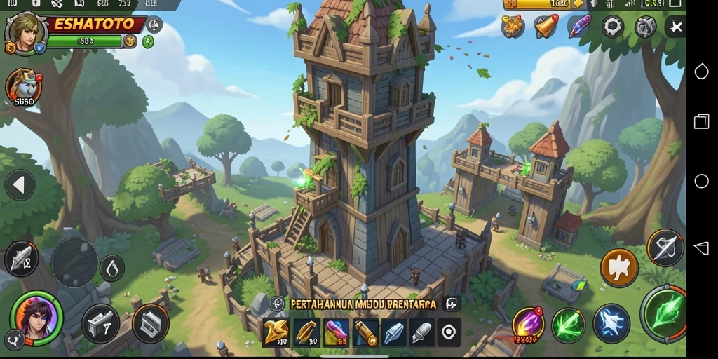 Tampilan gameplay ESHATOTO menampilkan menara pertahanan yang siap menghalau gelombang musuh.