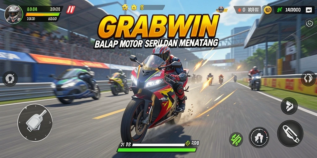 Tampilan gameplay seru di GRABWIN dengan balapan motor yang cepat.