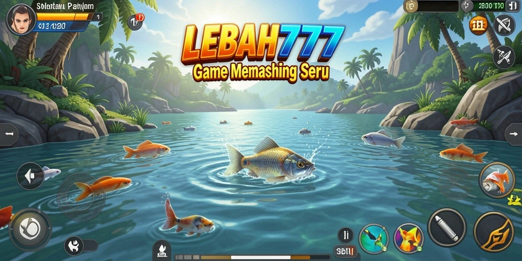 Tampilan gameplay LEBAH777 saat memancing di lautan yang indah.
