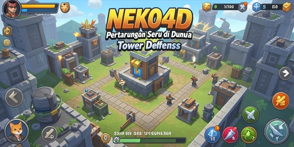 Screenshot gameplay NEKO4D menunjukkan menara yang siap tempur melawan musuh.