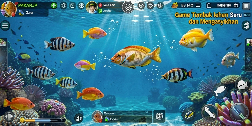 Screenshot utama PAKARJP menampilkan aksi tembak ikan yang dinamis.