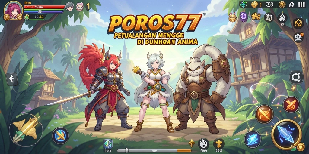 Tangkapan layar gameplay POROS77 yang penuh aksi dan karakter anime.