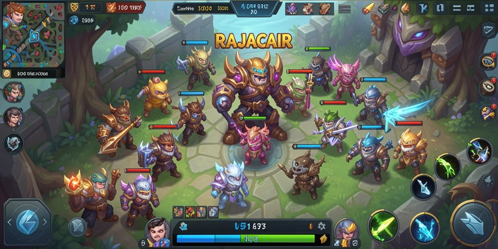 Screenshot utama RAJACAIR yang menampilkan aksi pertempuran MOBA yang intens.