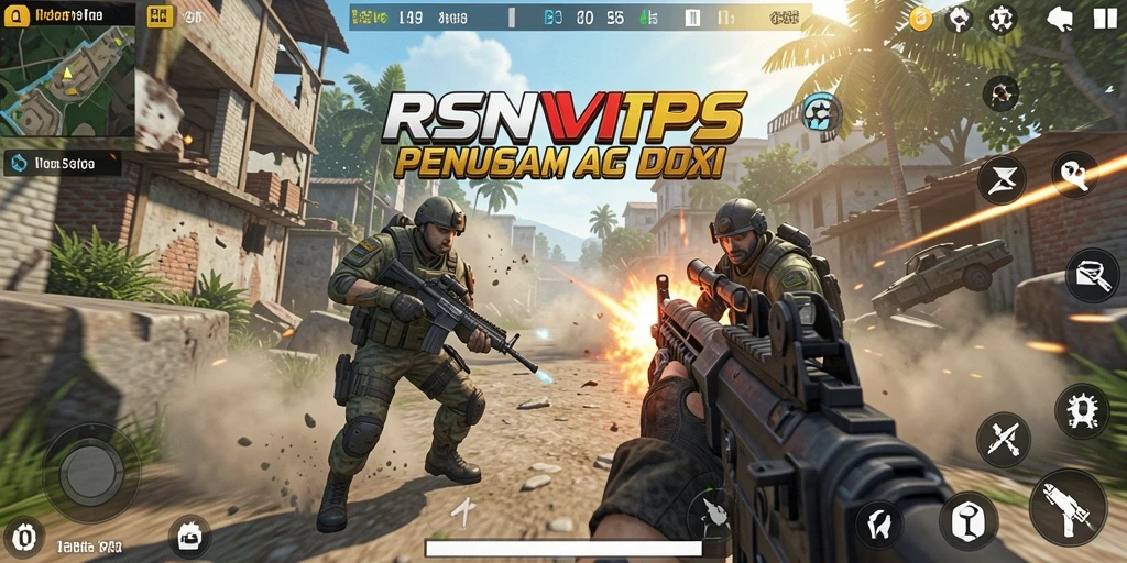Screenshot RSNVIP6 yang menampilkan aksi tembak-menembak yang intens.
